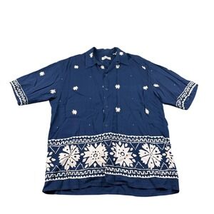EQUIPMENT Mens Blue White Rayon Camp Shirt Floral Geometric Made in France M